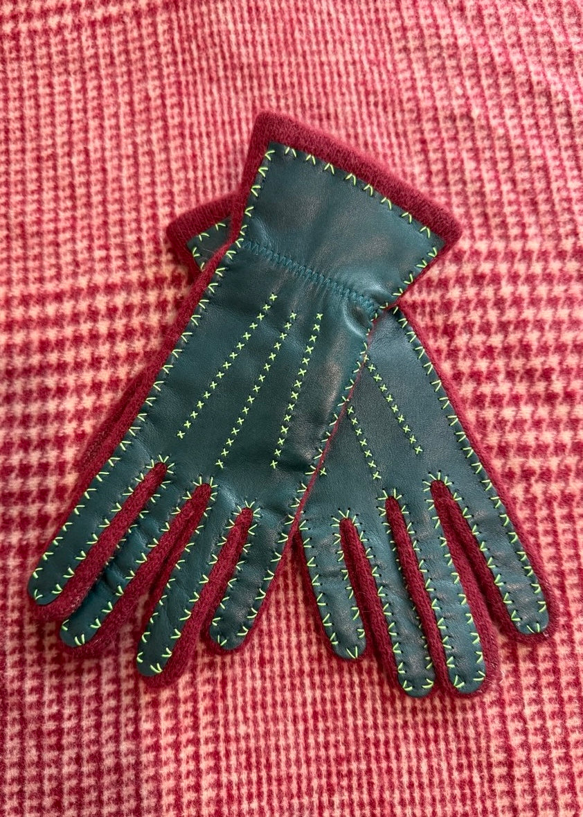 Handschuhe mit Leder 'Bordeaux-Grün'