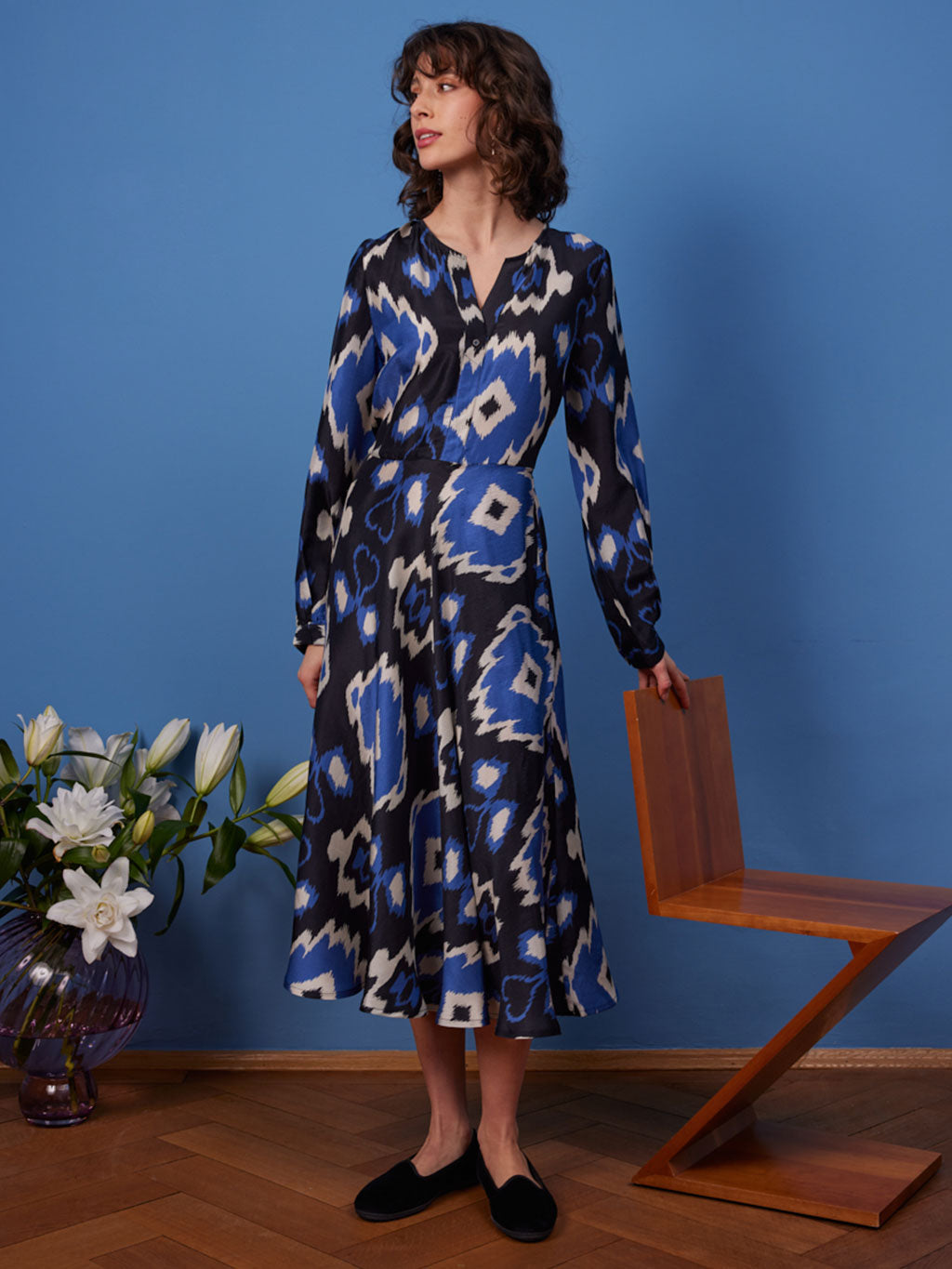 Azurite Dress Ikat Black Royal Blue
