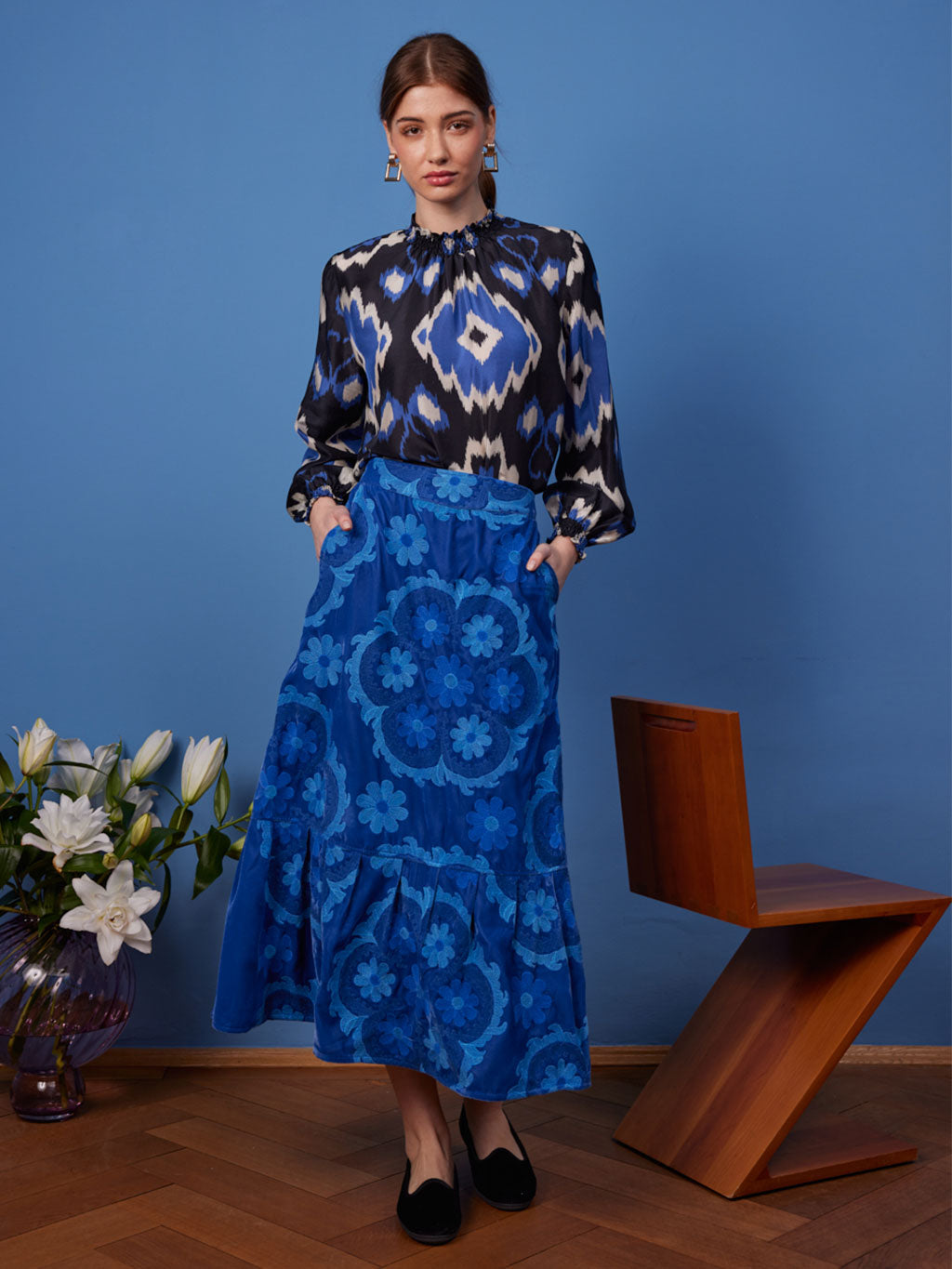 Daffodile Skirt Royal Blue Flower Embroidery