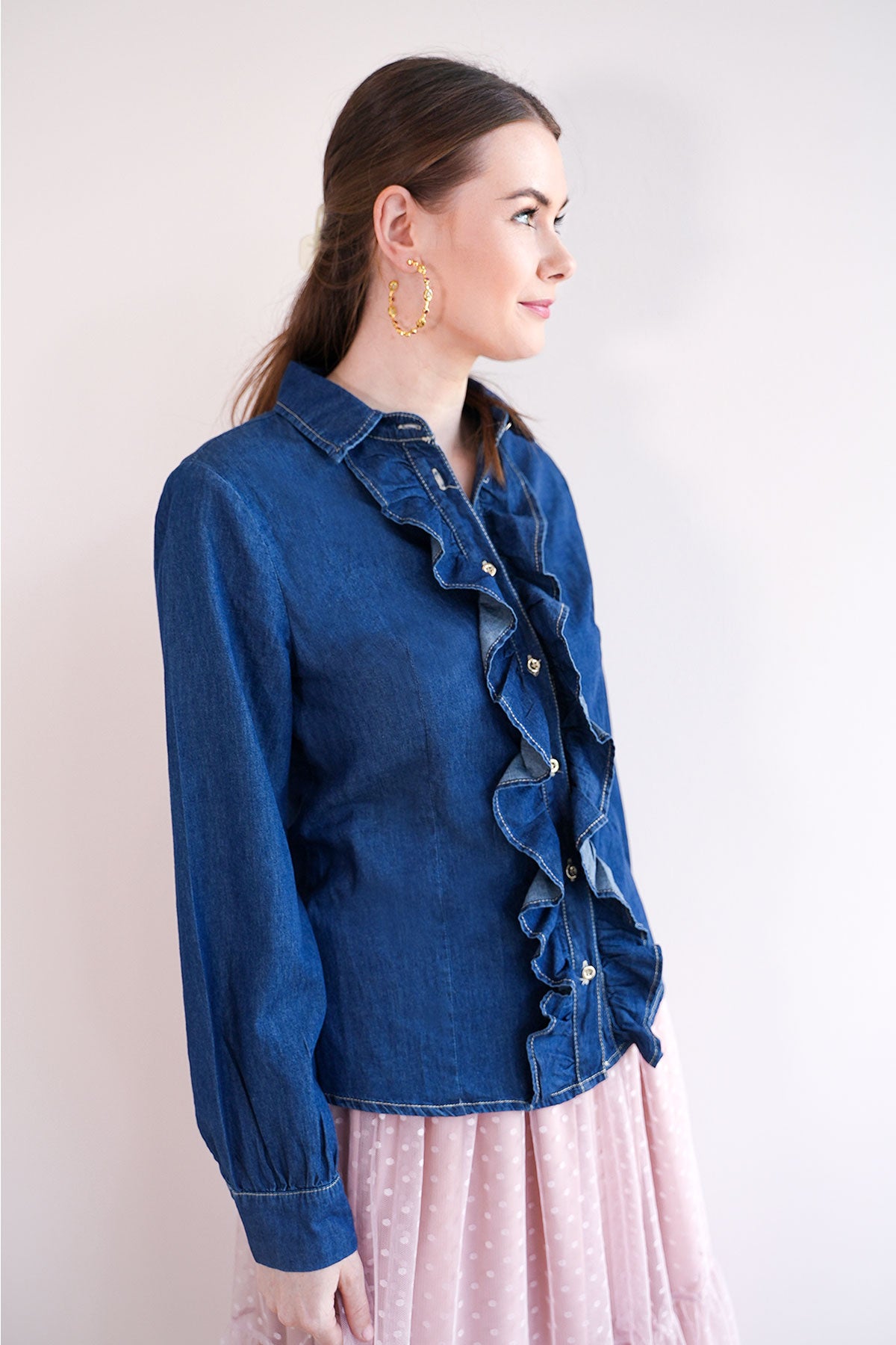 Rüschenbluse in Denim Optik