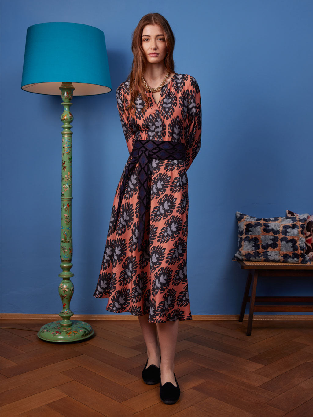 Azurite Dress Ikat Cinnamon Black