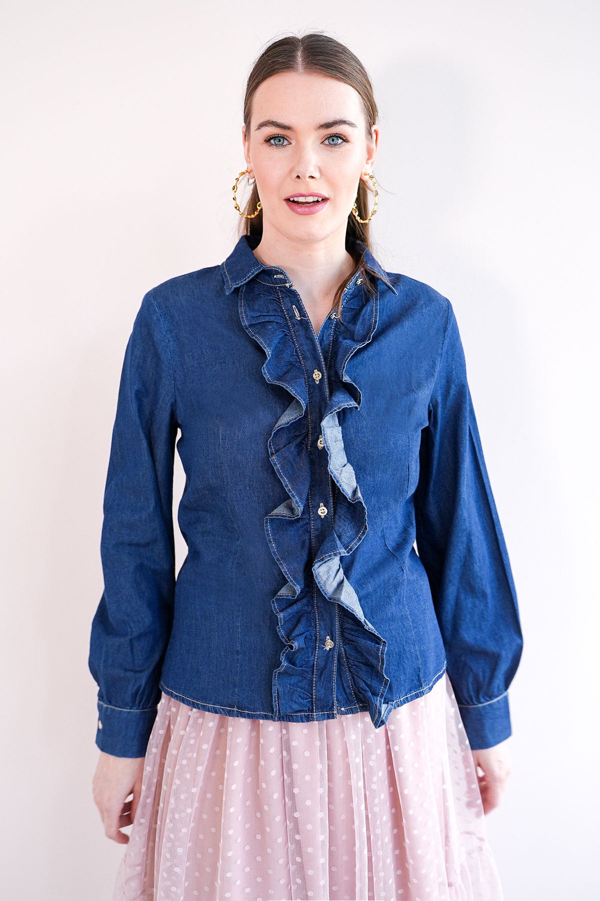 Rüschenbluse in Denim Optik