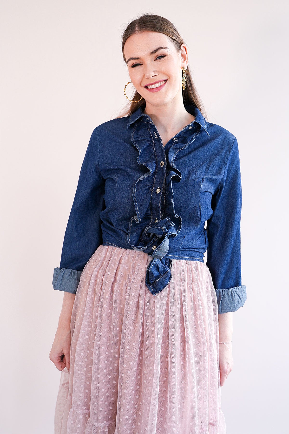 Rüschenbluse in Denim Optik