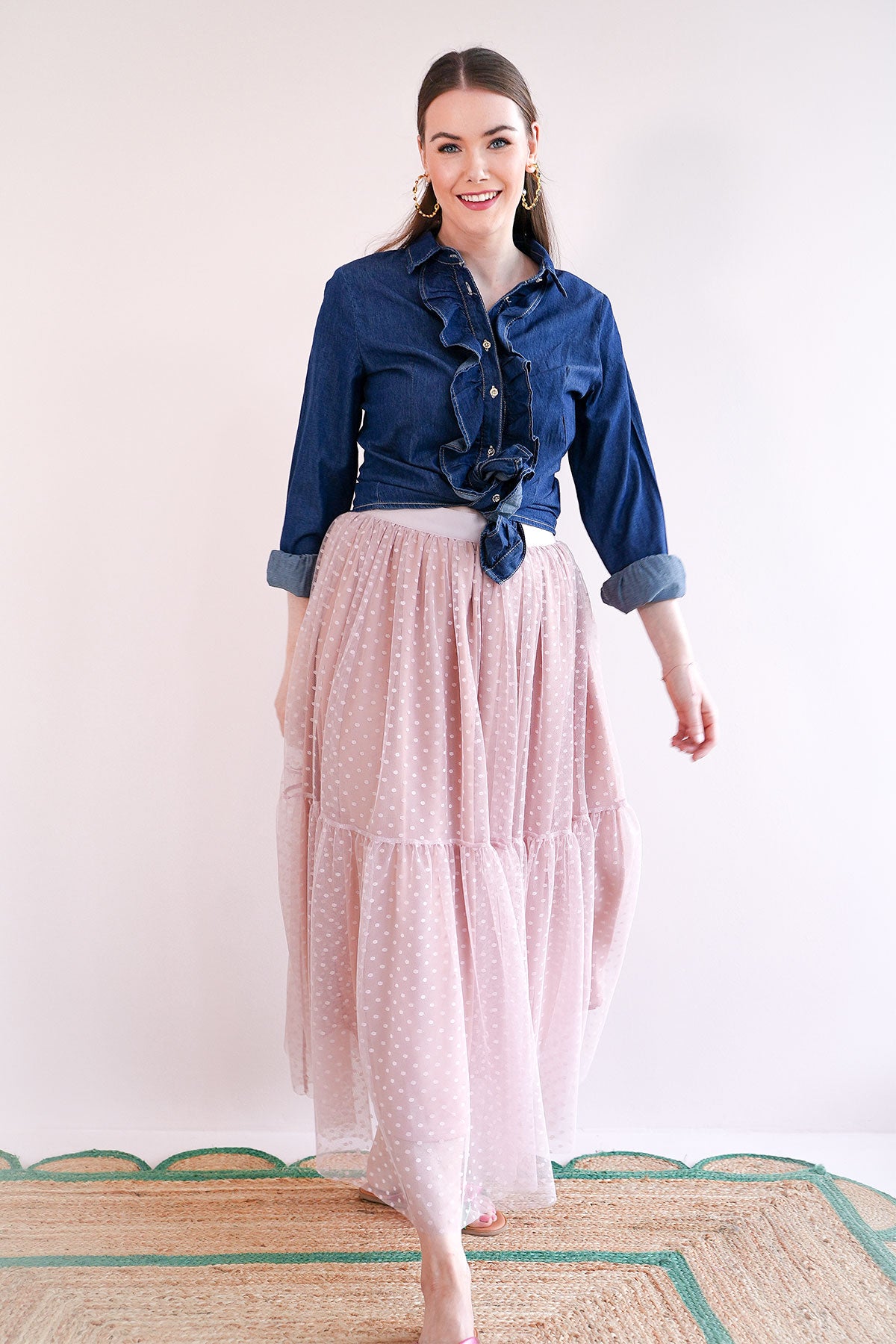 Rüschenbluse in Denim Optik