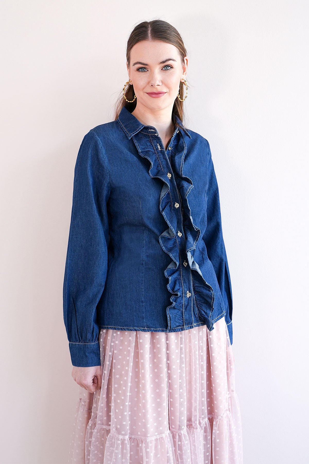 Rüschenbluse in Denim Optik