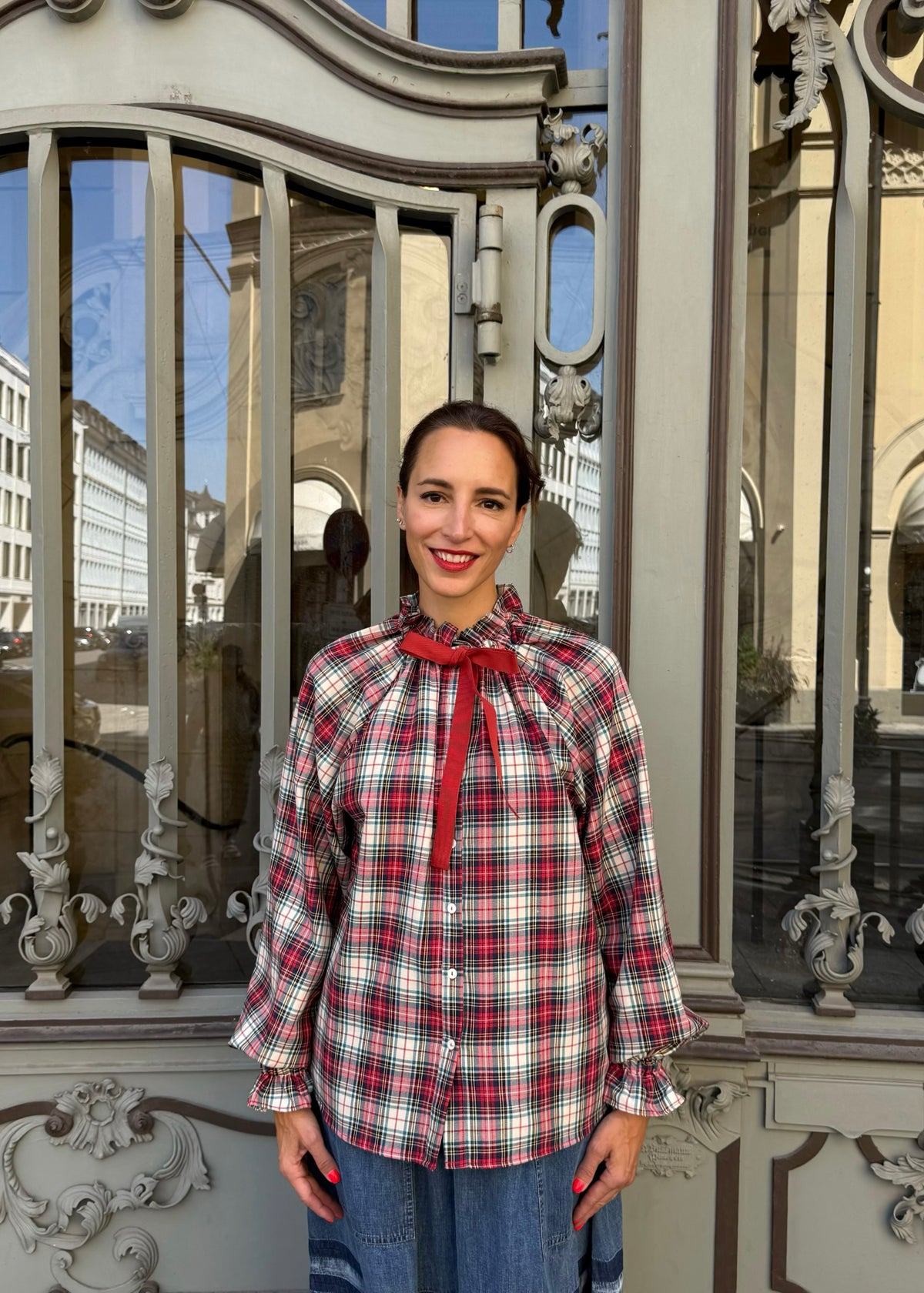 Bluse mit Samtschleife &#39;Tartan&#39;