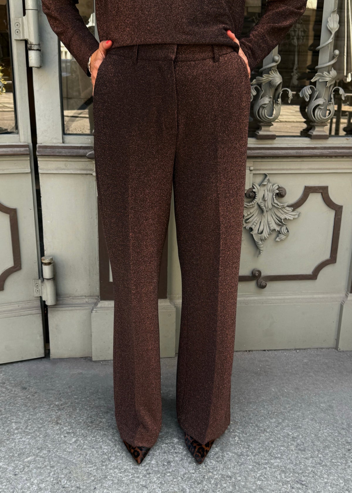 Bundfalten Hose mit Lurex &#39;Braun&#39;