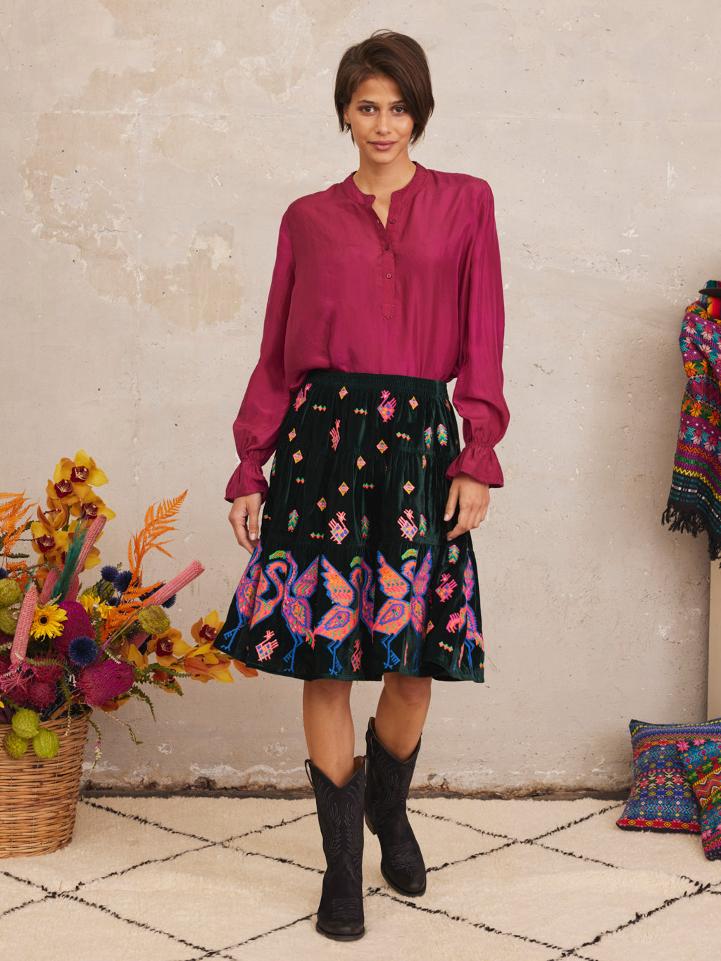 Boxwood Skirt Crane Embroidery GRÜN