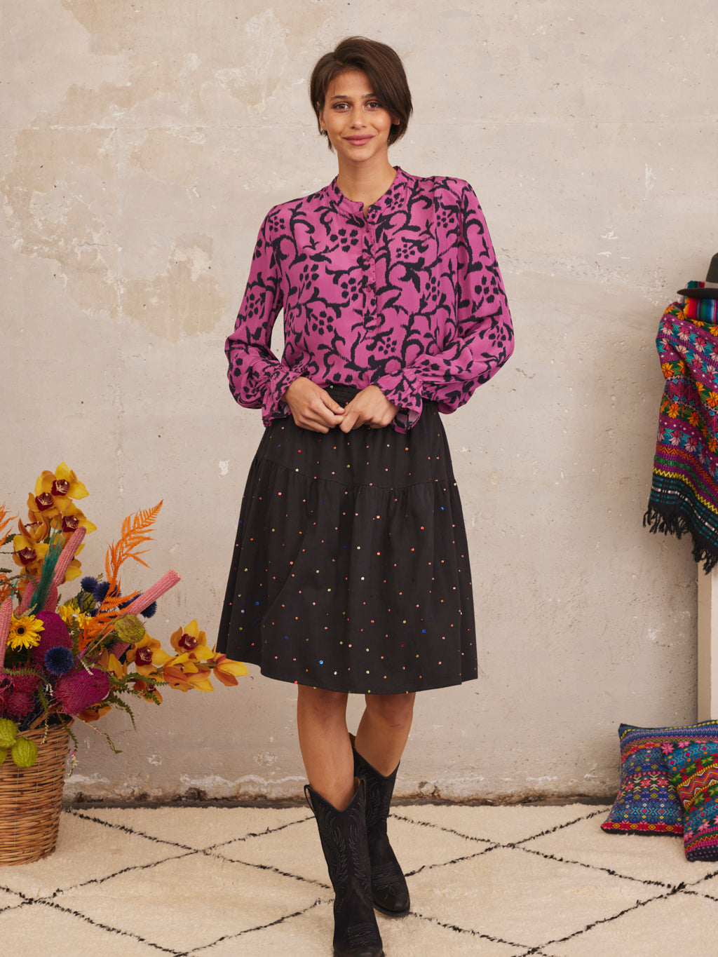 Broom Blouse Ikat Berry Black