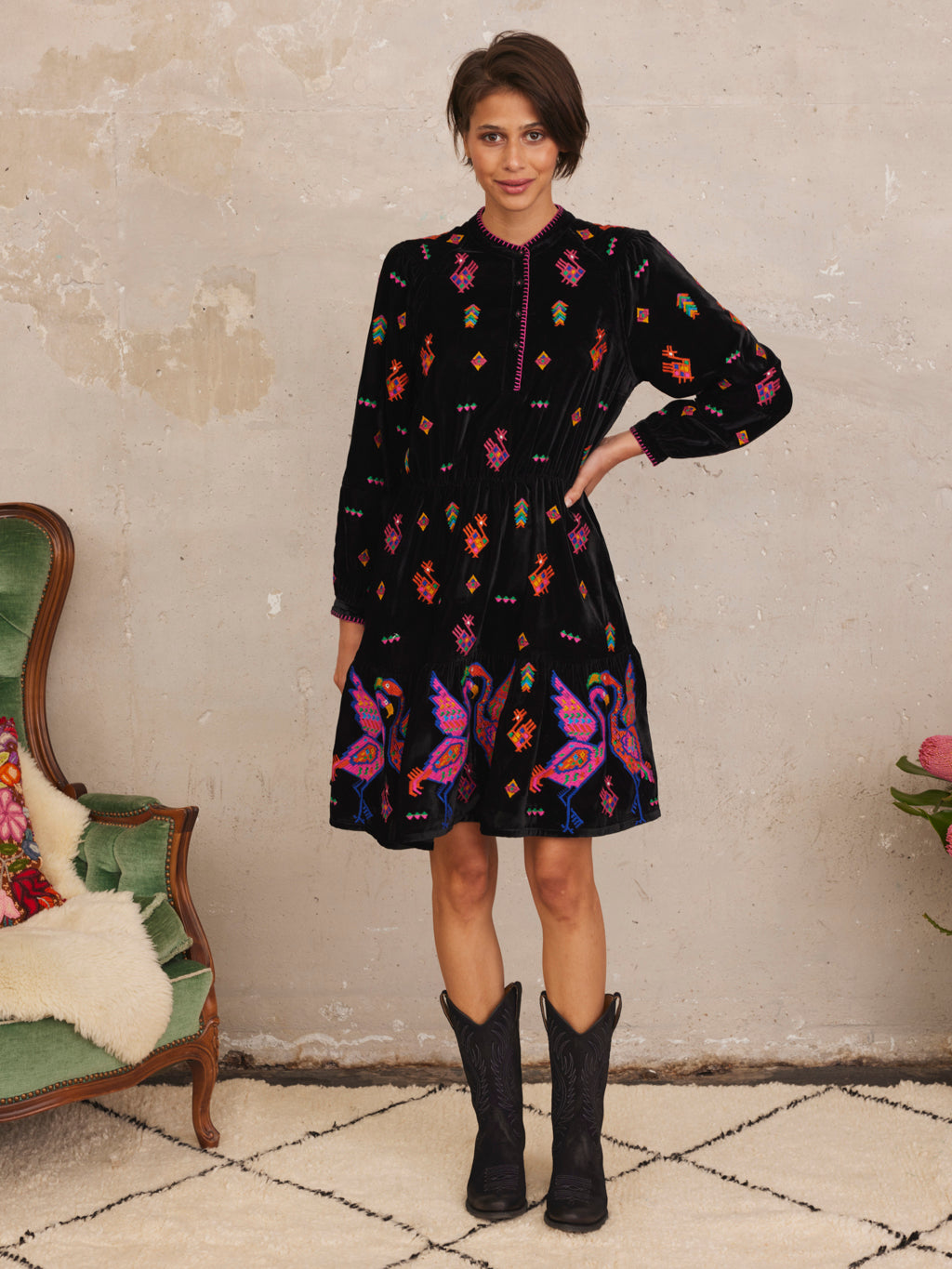 Mahonia Dress Crane Embroidery Black