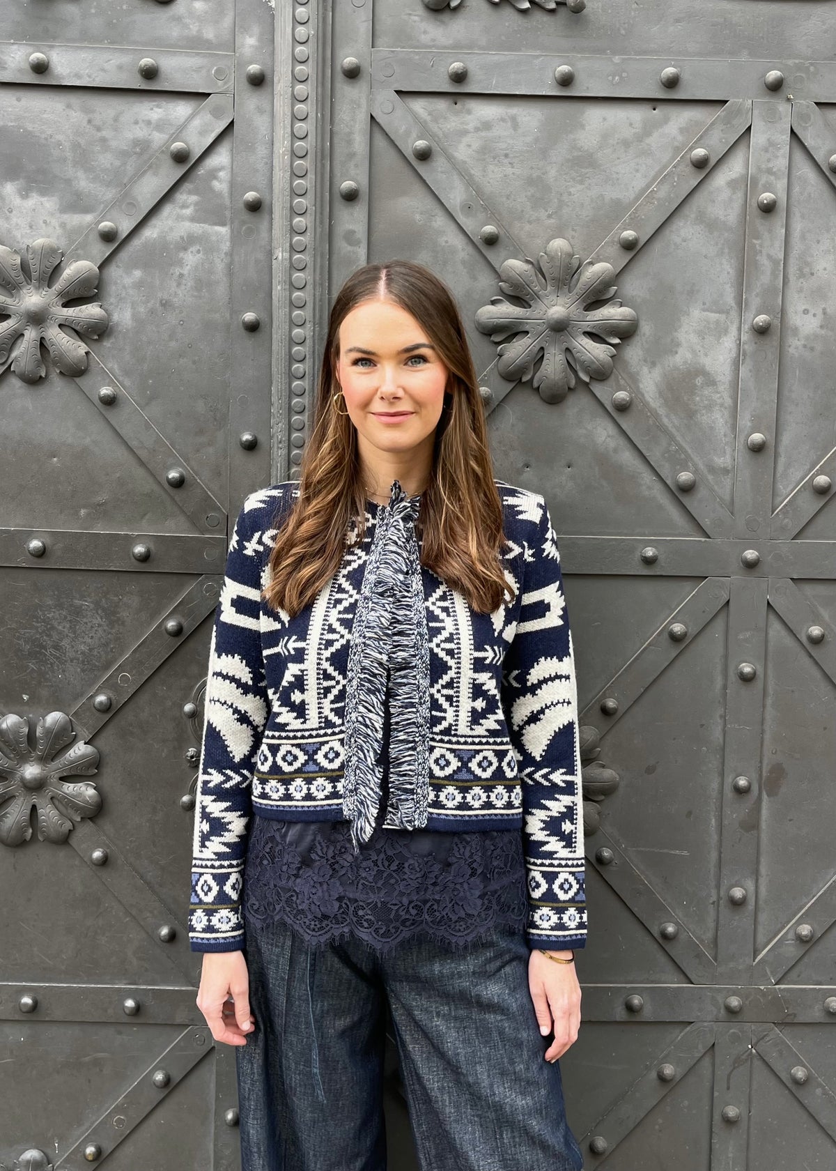 Jacquard-Strickjacke mit Fransen