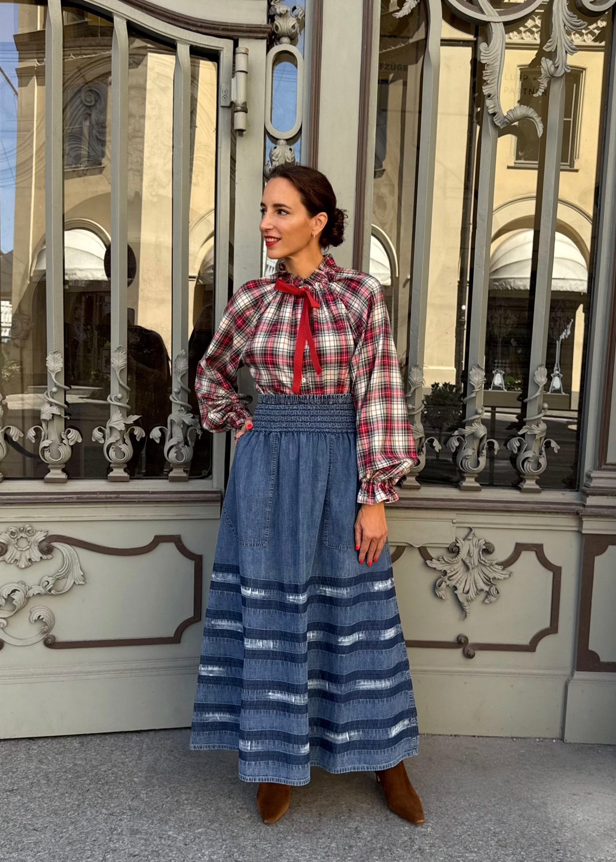 Bluse mit Samtschleife &#39;Tartan&#39;