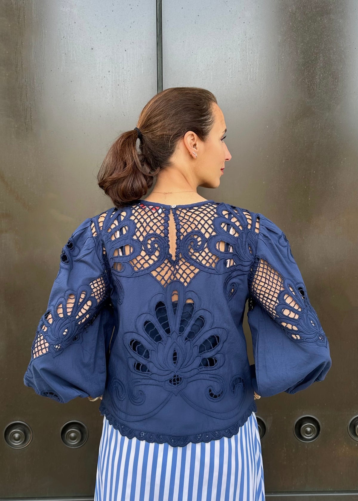 Bluse mit Sangallo Spitze &#39;Navy&#39;