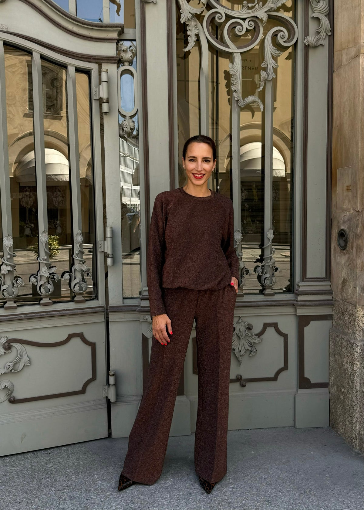 Bundfalten Hose mit Lurex &#39;Braun&#39;