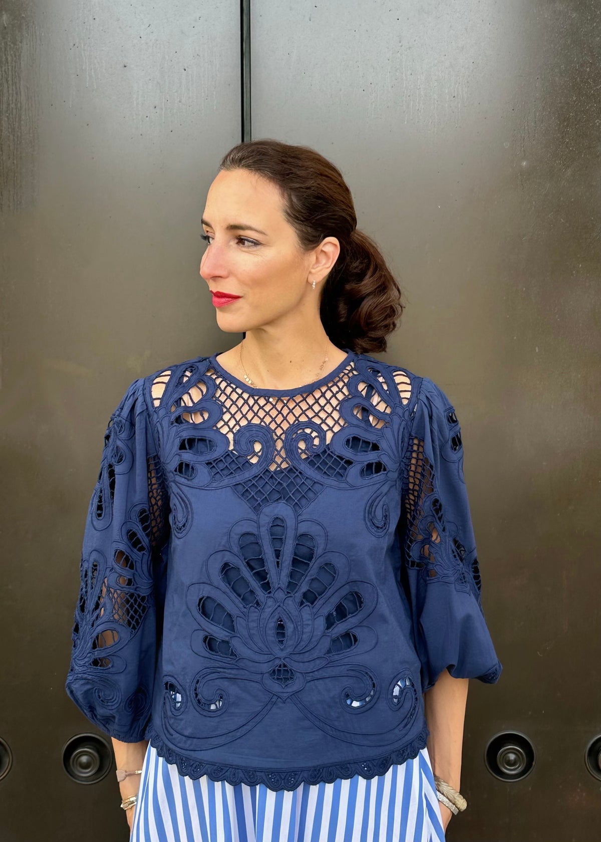 Bluse mit Sangallo Spitze &#39;Navy&#39;