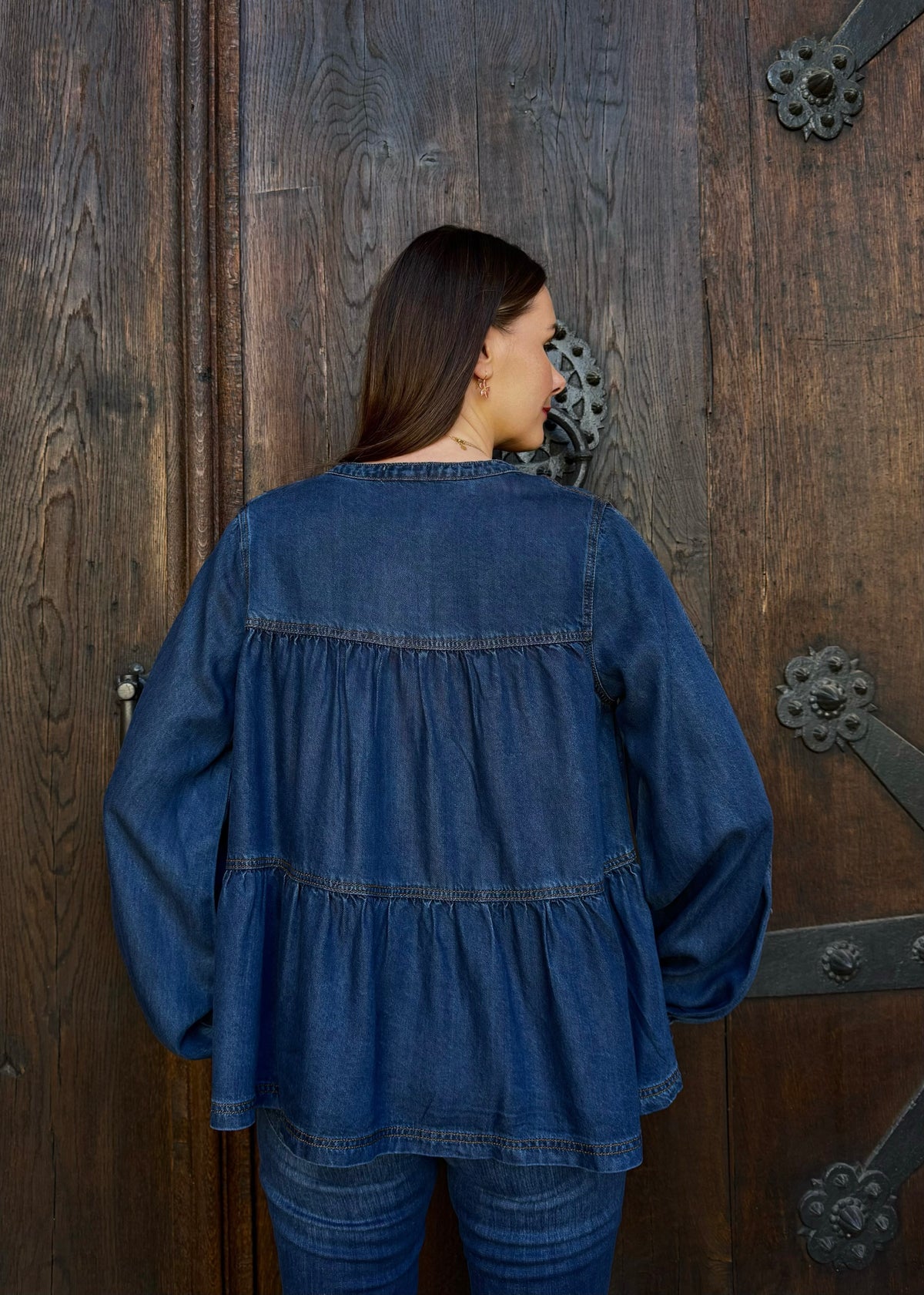 Jeansbluse mit Volants