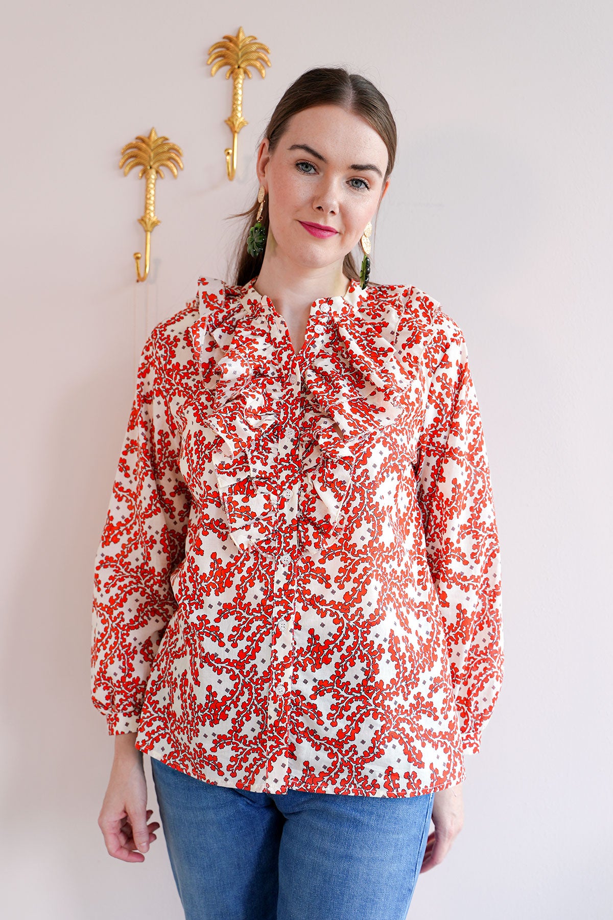Langarm Designer Bluse mit Rüschen Volants