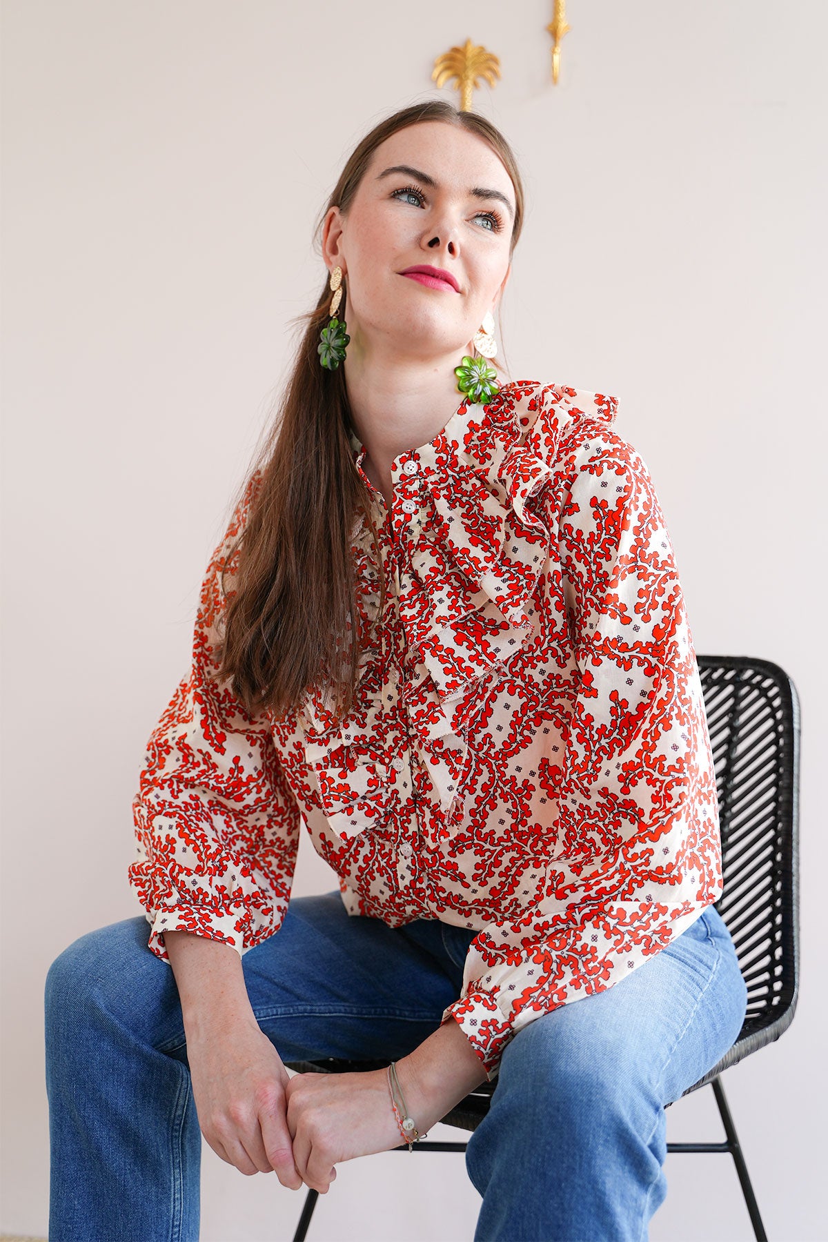 Langarm Designer Bluse mit Rüschen Volants