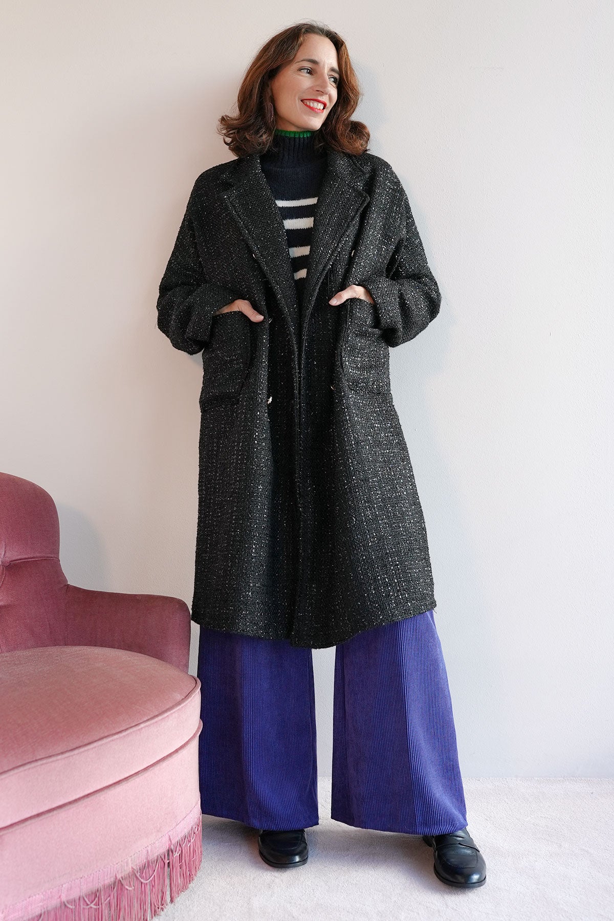 Mantel aus Lurex Bouclé Schwarz