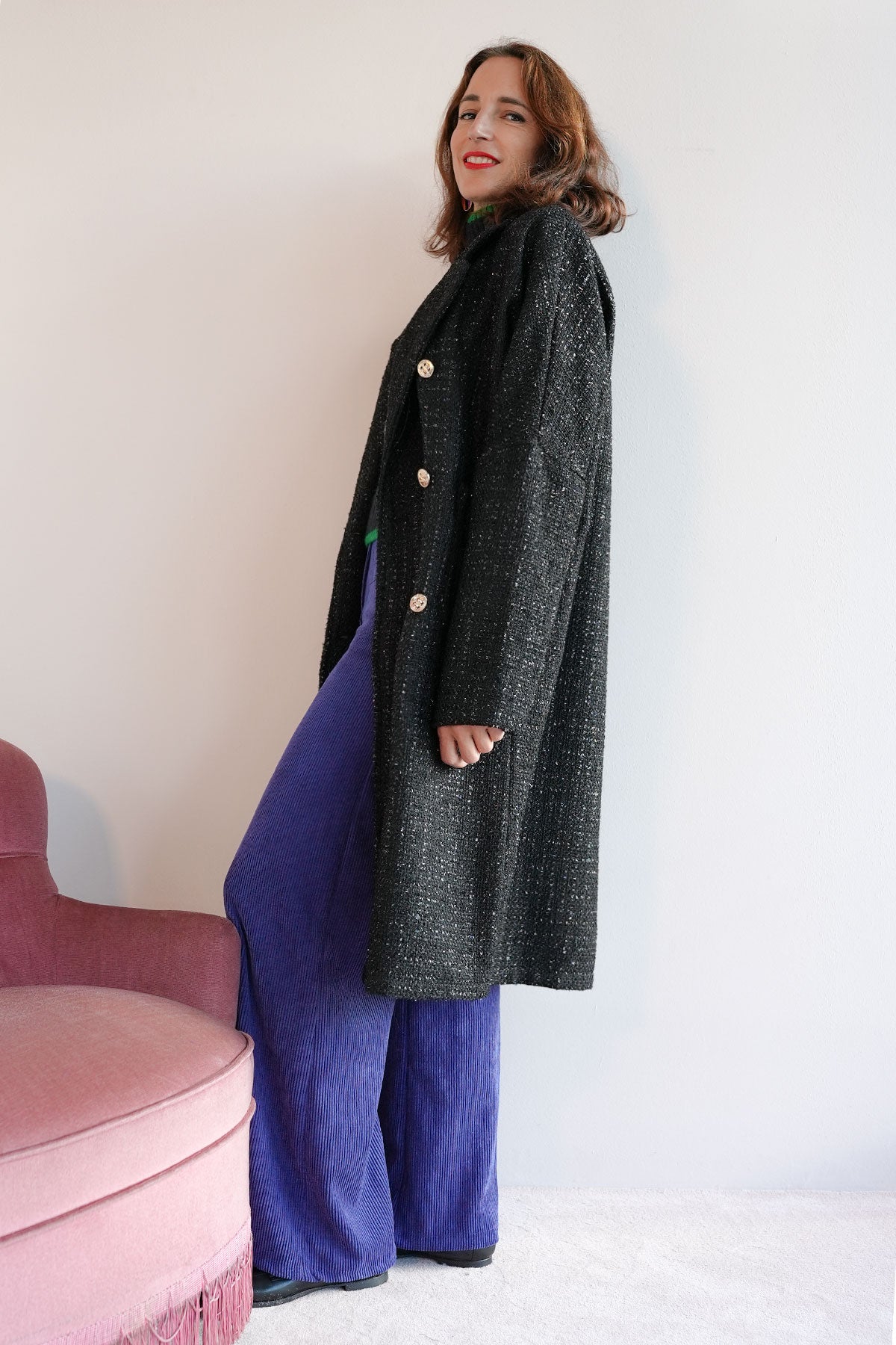 Mantel aus Lurex Bouclé Schwarz