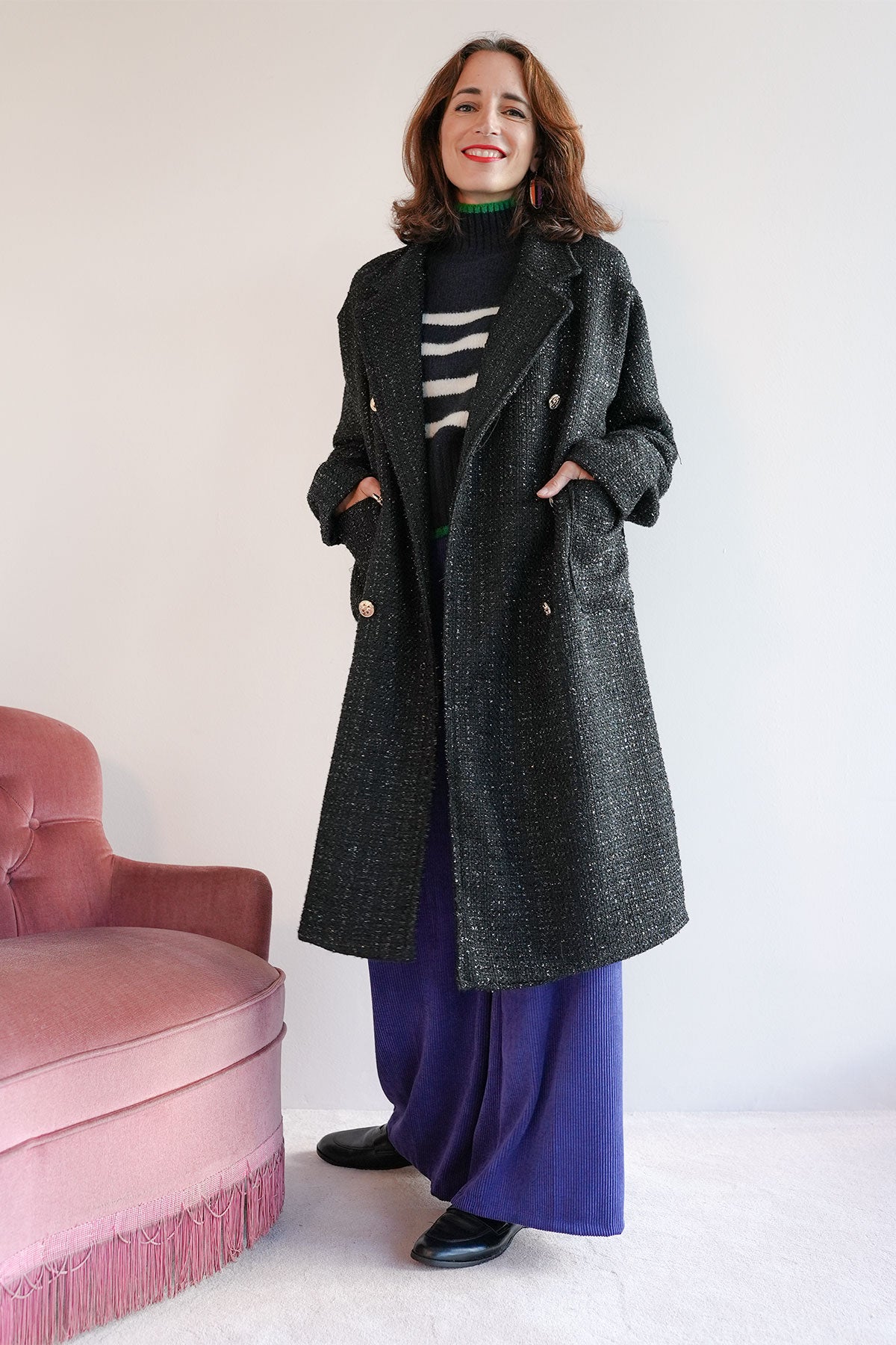 Mantel aus Lurex Bouclé Schwarz