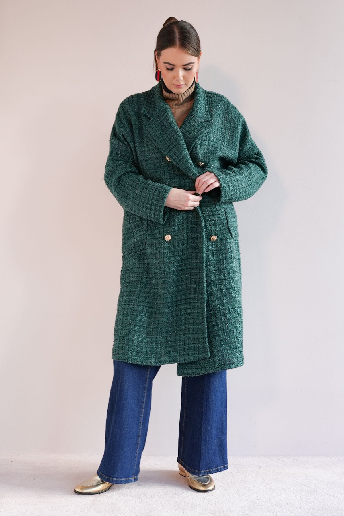 Mantel aus Lurex Bouclé Grün