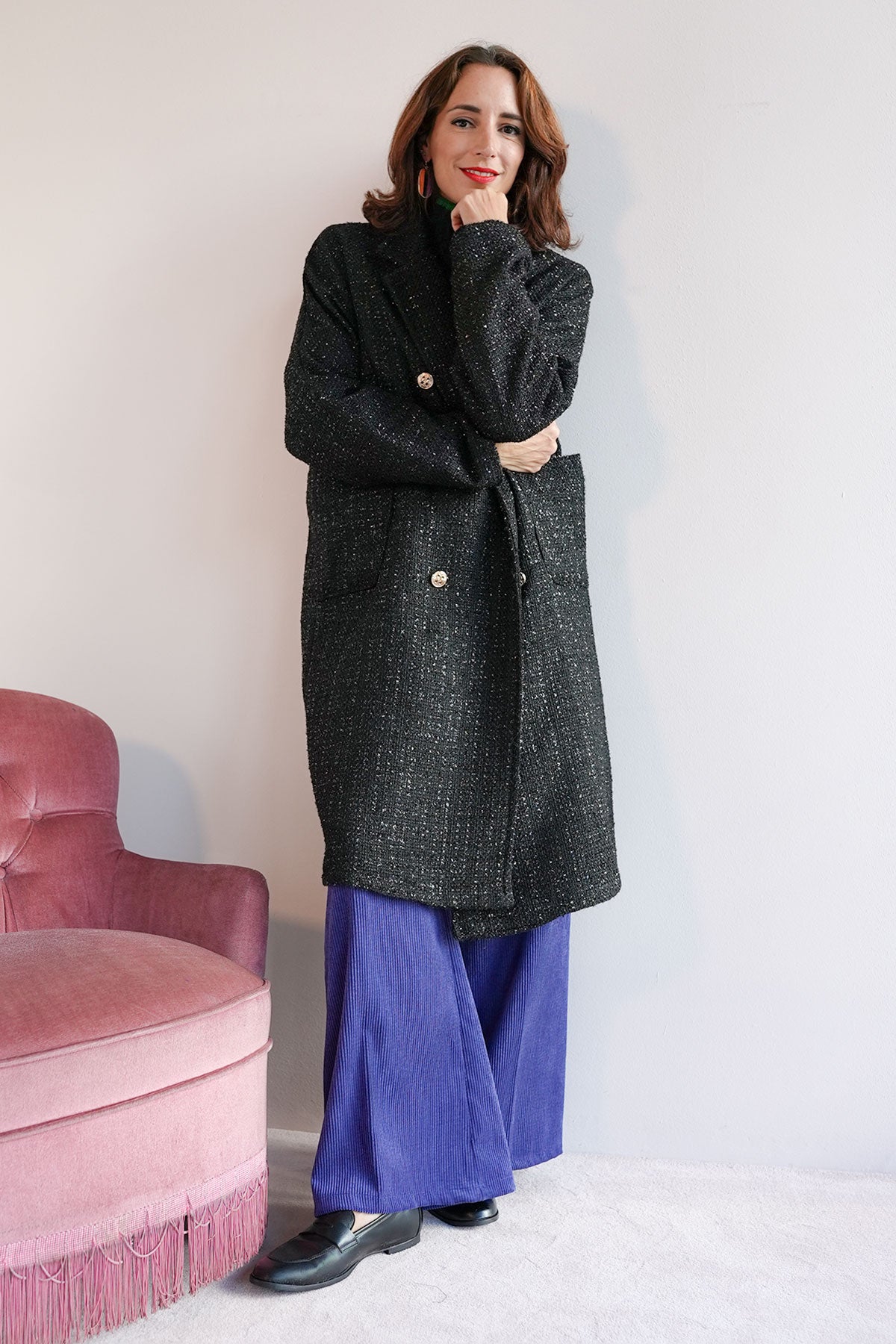 Mantel aus Lurex Bouclé Schwarz