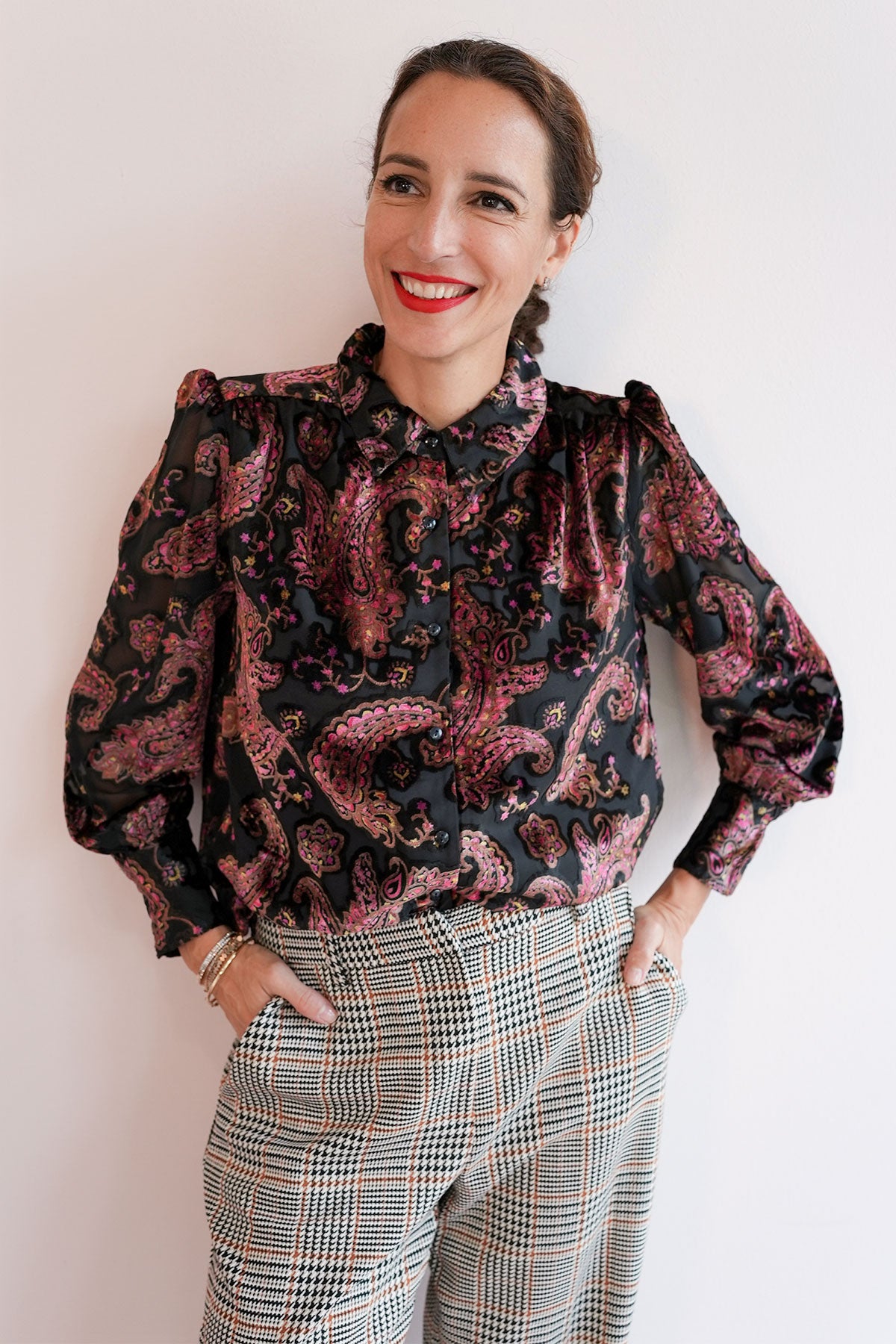 Paisley Jacquardbluse mit Samtdetails