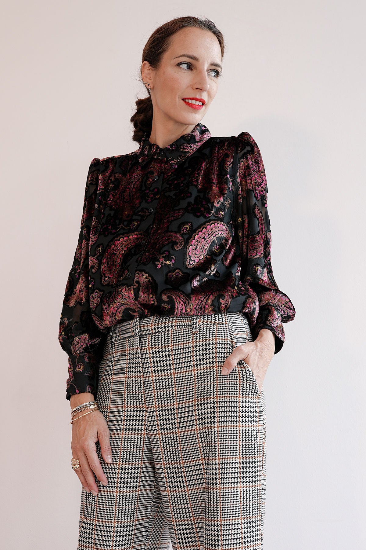 Paisley Jacquardbluse mit Samtdetails