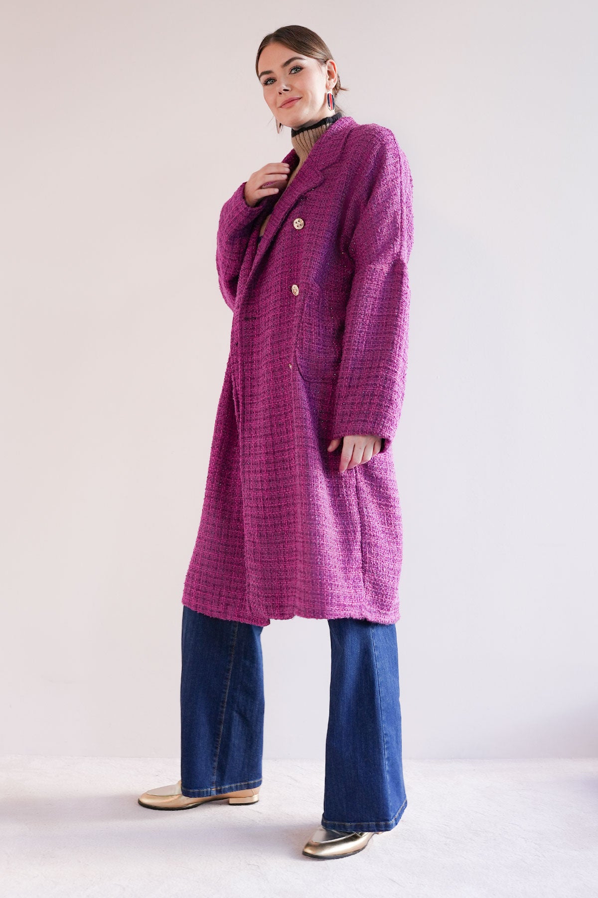 Mantel aus Lurex Bouclé Magenta